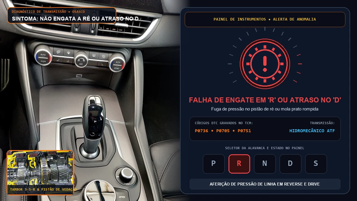 Alavanca de câmbio automático na posição R que não engata a marcha à ré ou demora no D em Osasco