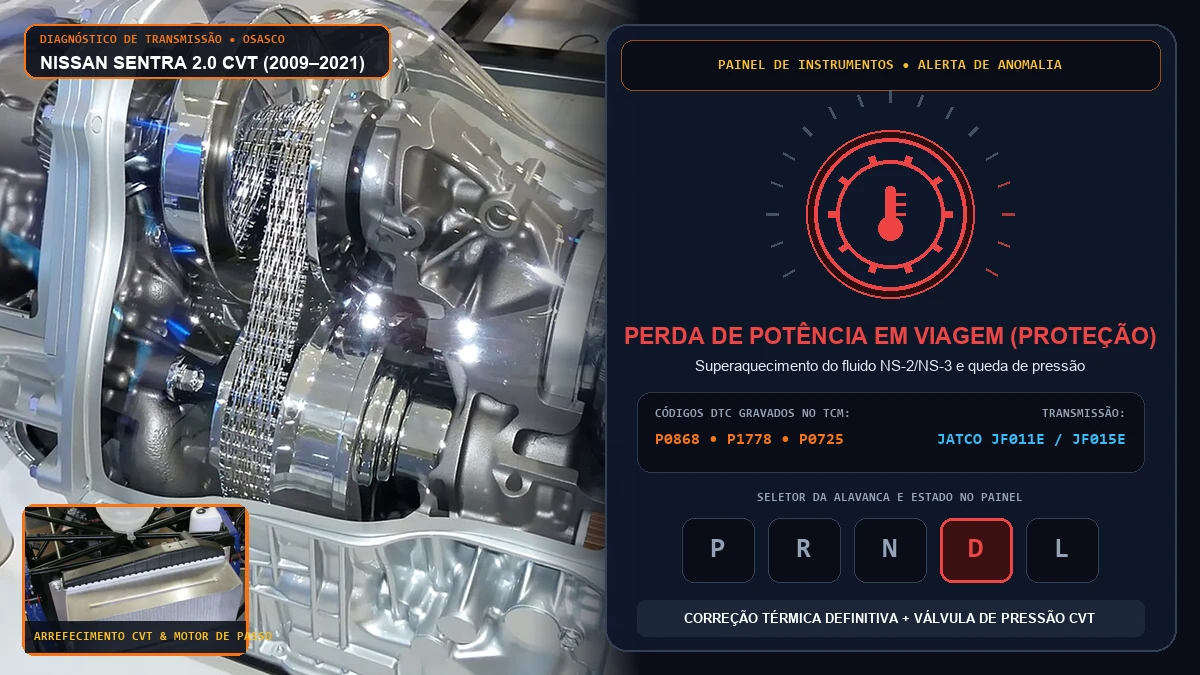 Alavanca e console do câmbio CVT do Nissan Sentra 2.0 com superaquecimento e perda de força na estrada em Osasco