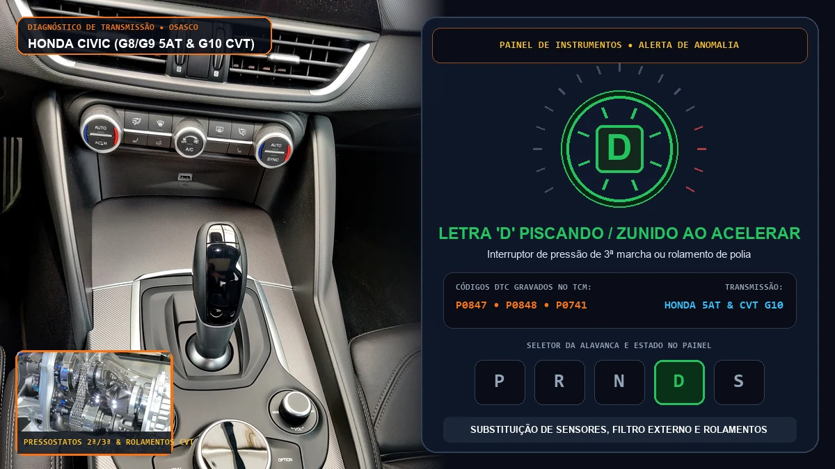Console central e alavanca de câmbio do Honda Civic em diagnóstico eletrônico para tranco, barulho e letra D piscando em Osasco
