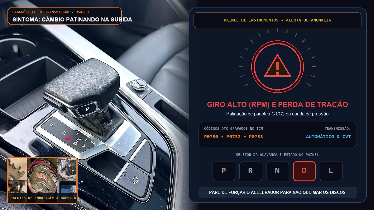 Painel com conta-giros RPM alto e câmbio automático patinando perdendo força na subida em Osasco