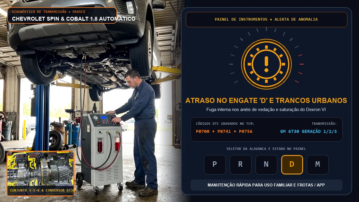 Console e seletor de câmbio automático da Chevrolet Spin e Cobalt 1.8 com sintoma de tranco e perda de força em oficina de Osasco