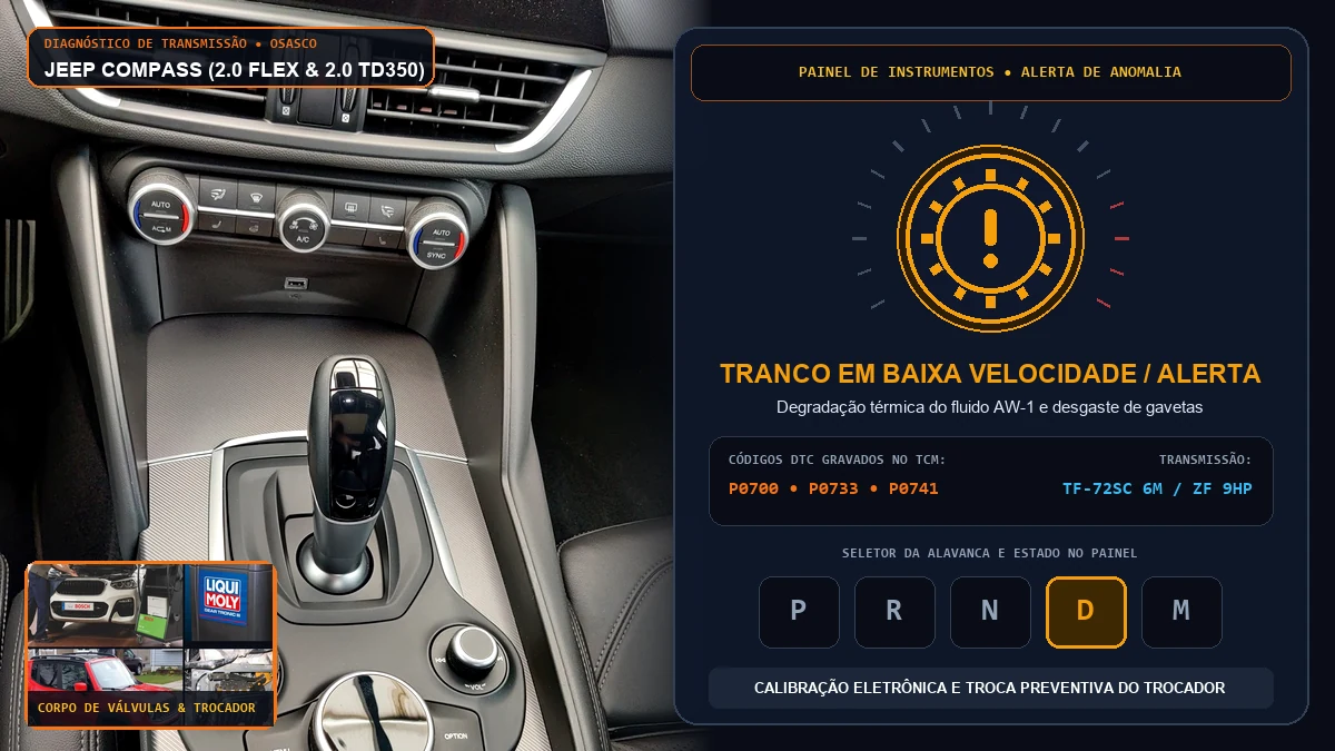 Console central e seletor de câmbio automático do Jeep Compass com alerta Verificar Câmbio no painel em Osasco