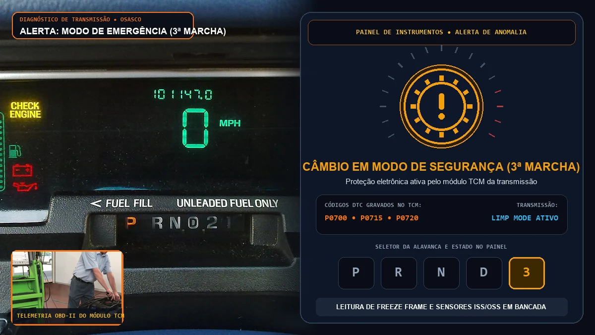 Painel com luz de anomalia da engrenagem acesa e câmbio automático travado na terceira marcha em Osasco