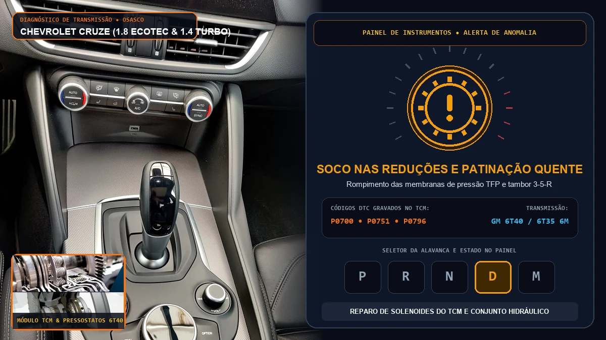 Painel e console do Chevrolet Cruze com luz de anomalia acesa e câmbio automático dando soco ou patinando em Osasco