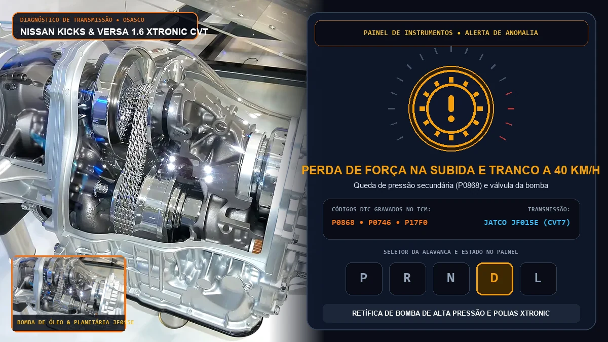 Painel e console do Nissan Kicks e Versa CVT com alerta de transmissão e perda de força em Osasco
