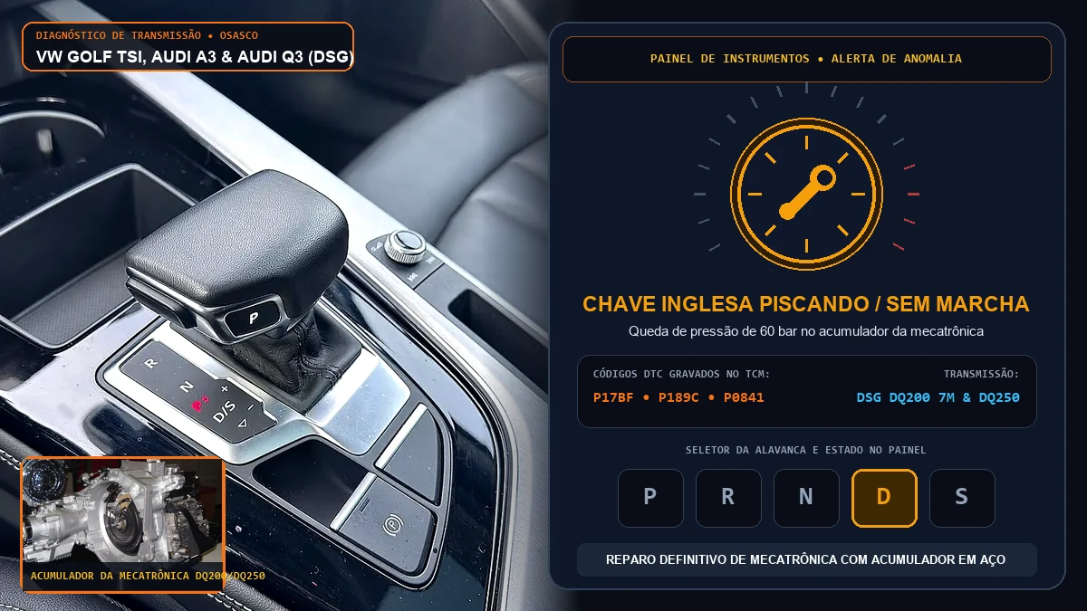 Painel do Volkswagen Golf 1.4 TSI e Audi A3 com símbolo da chave inglesa piscando no lugar da marcha D por falha na mecatrônica DSG em Osasco