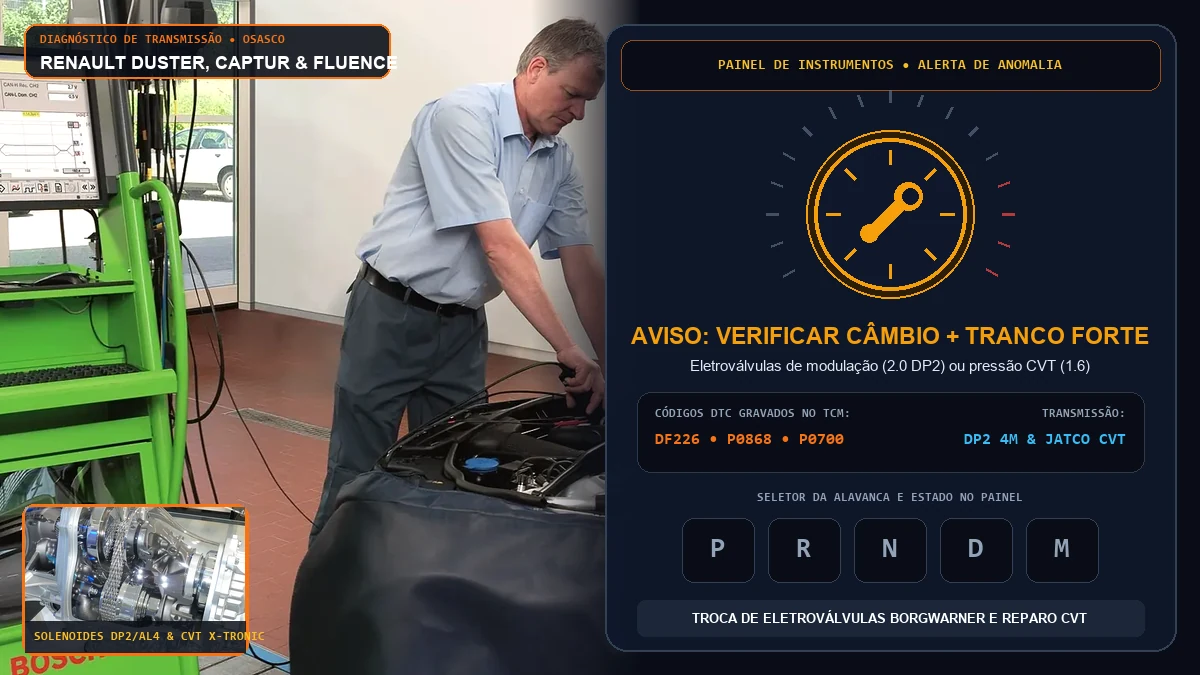 Painel e câmbio da Renault Duster, Captur e Fluence com alerta Verificar Câmbio e perda de força em Osasco