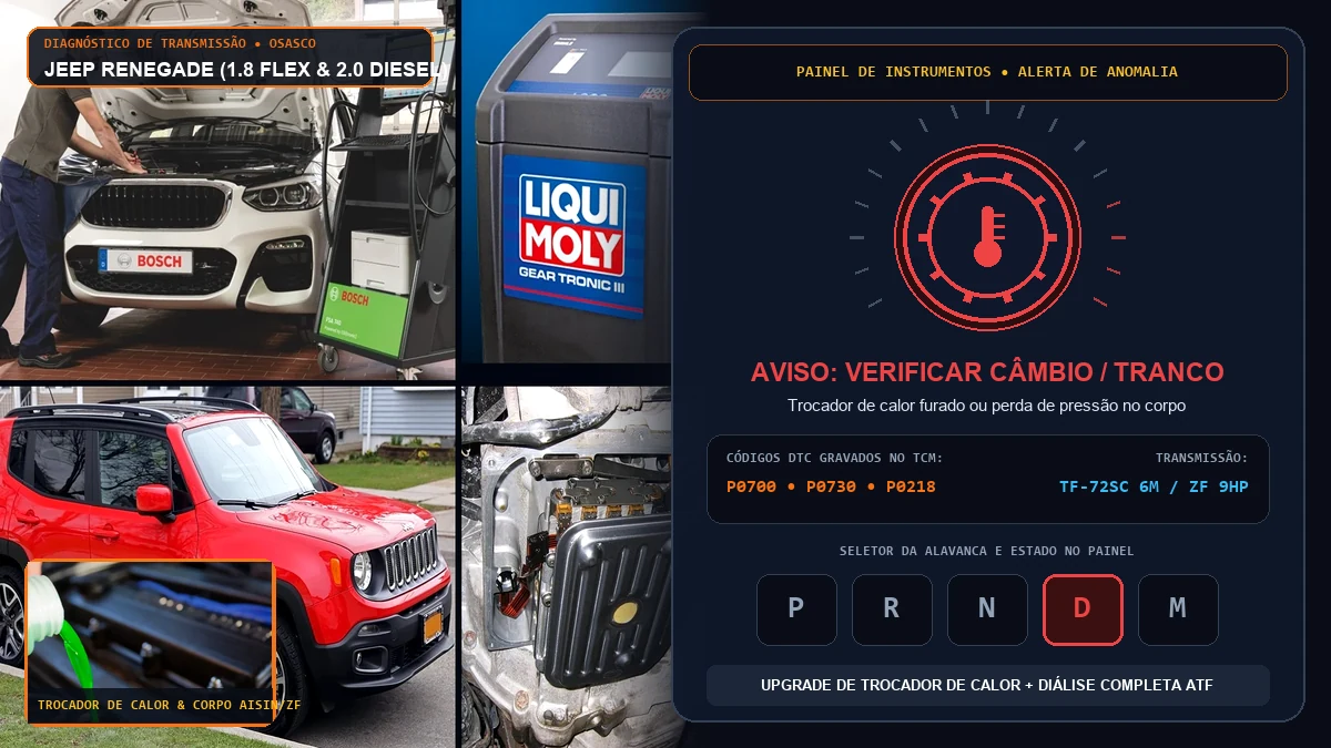 Painel do Jeep Renegade exibindo alerta Verificar Câmbio e alavanca automática em oficina especializada em Osasco