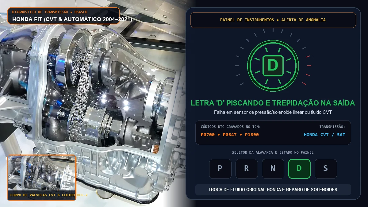 Painel de instrumentos do Honda Fit com a letra D piscando em verde e alerta de falha no câmbio CVT em Osasco
